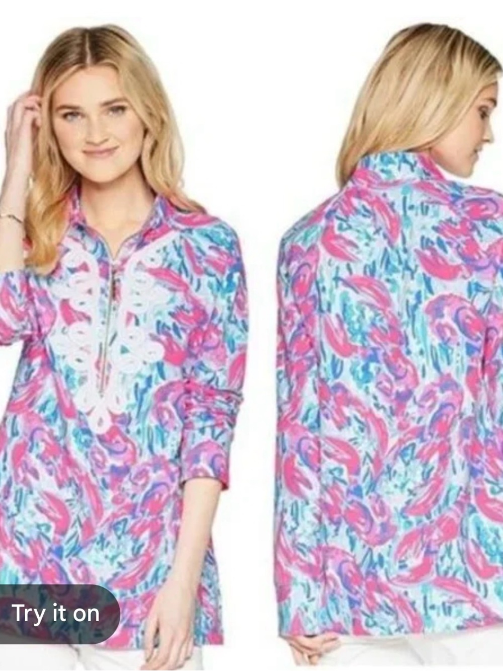 Lilly Pulitzer Skipper Tunic Popover Cosmic Coral Cracked Up UPF 50 Medium